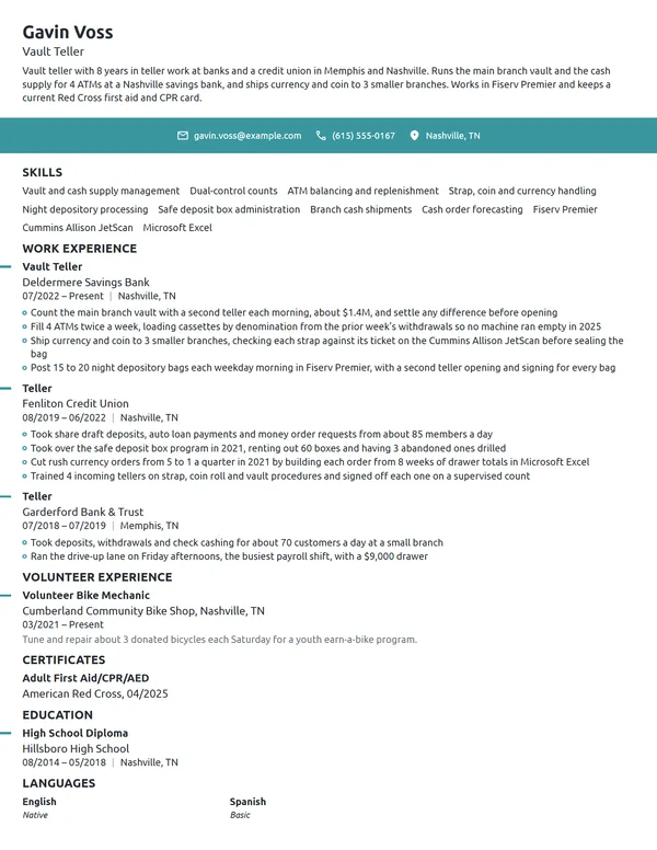 Vault Teller resume example