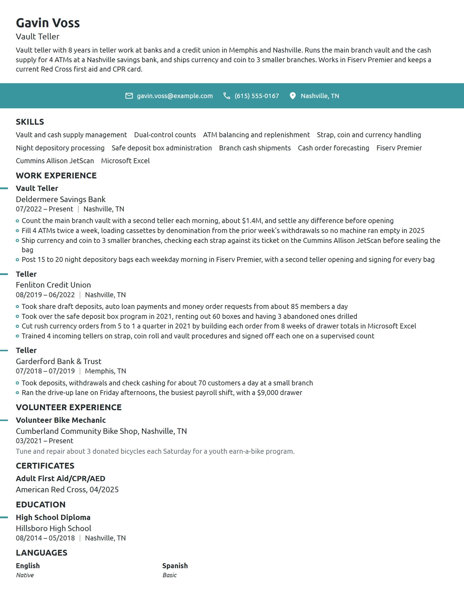 Vault Teller resume example