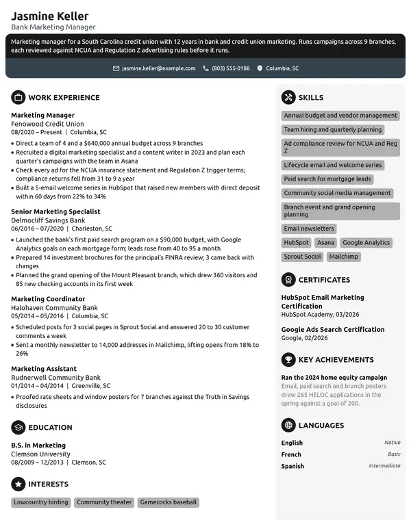 Bank Marketing Manager resume example