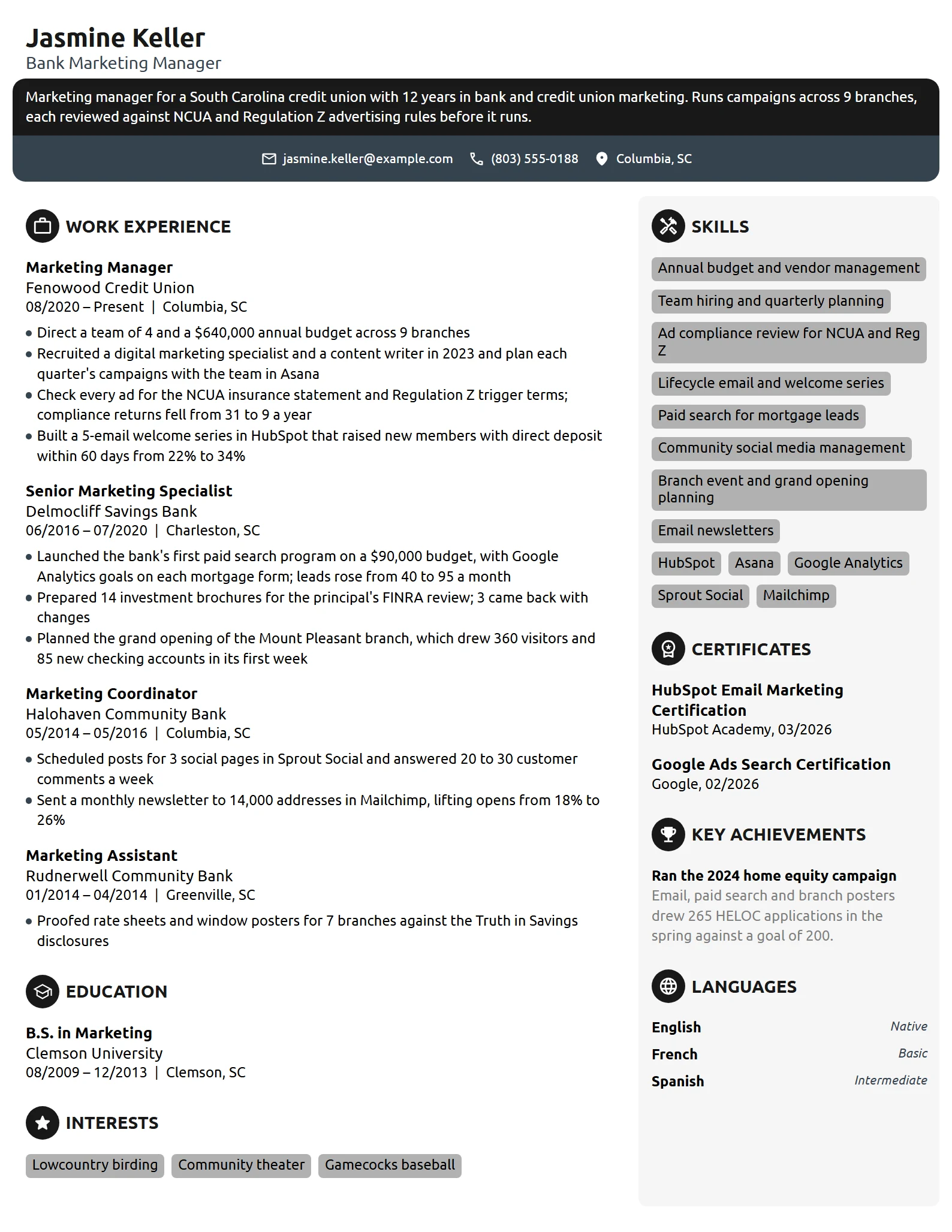 Bank Marketing Manager resume example