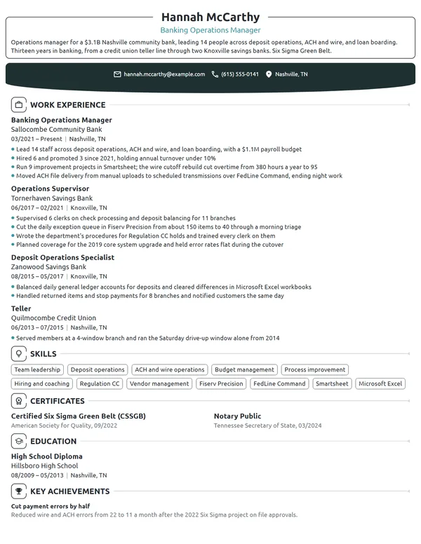 Banking Operations Manager resume example