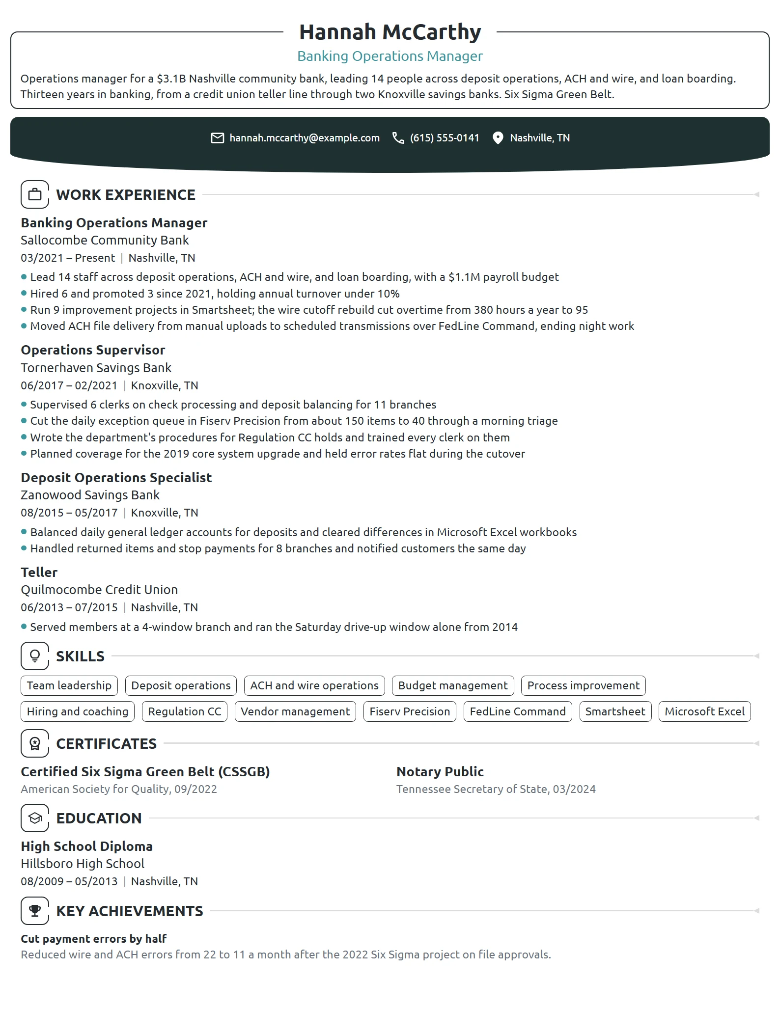 Banking Operations Manager resume example