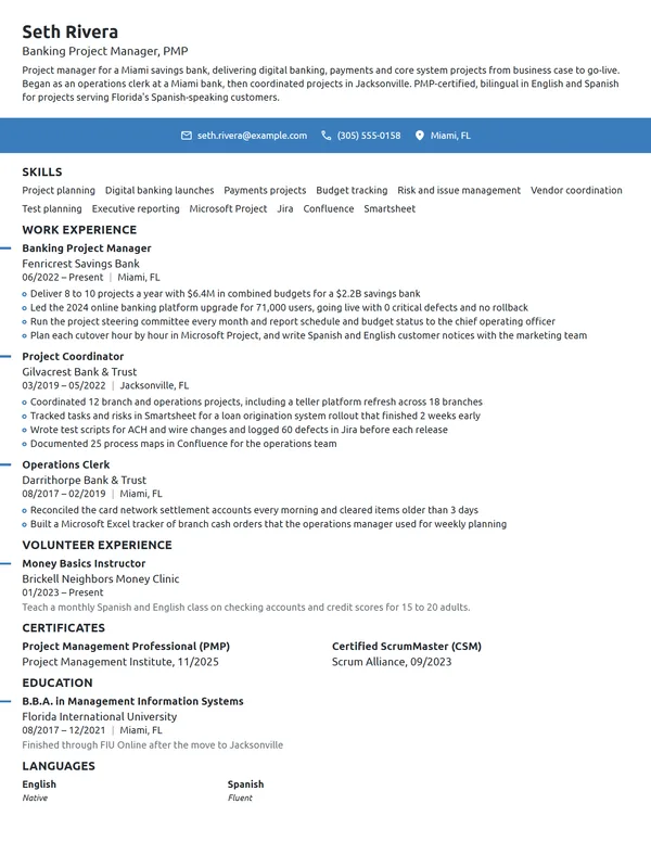 Banking Project Manager resume example