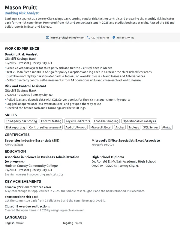 Banking Risk Analyst resume example