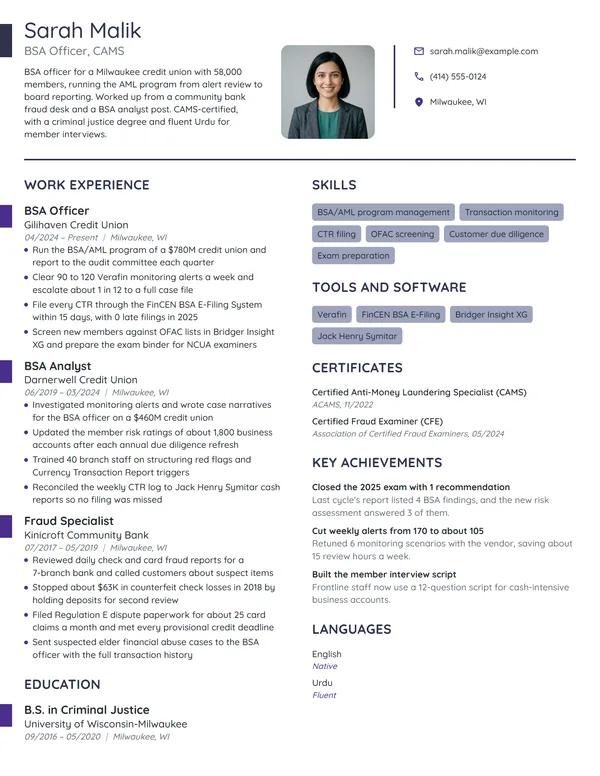 BSA Officer resume example