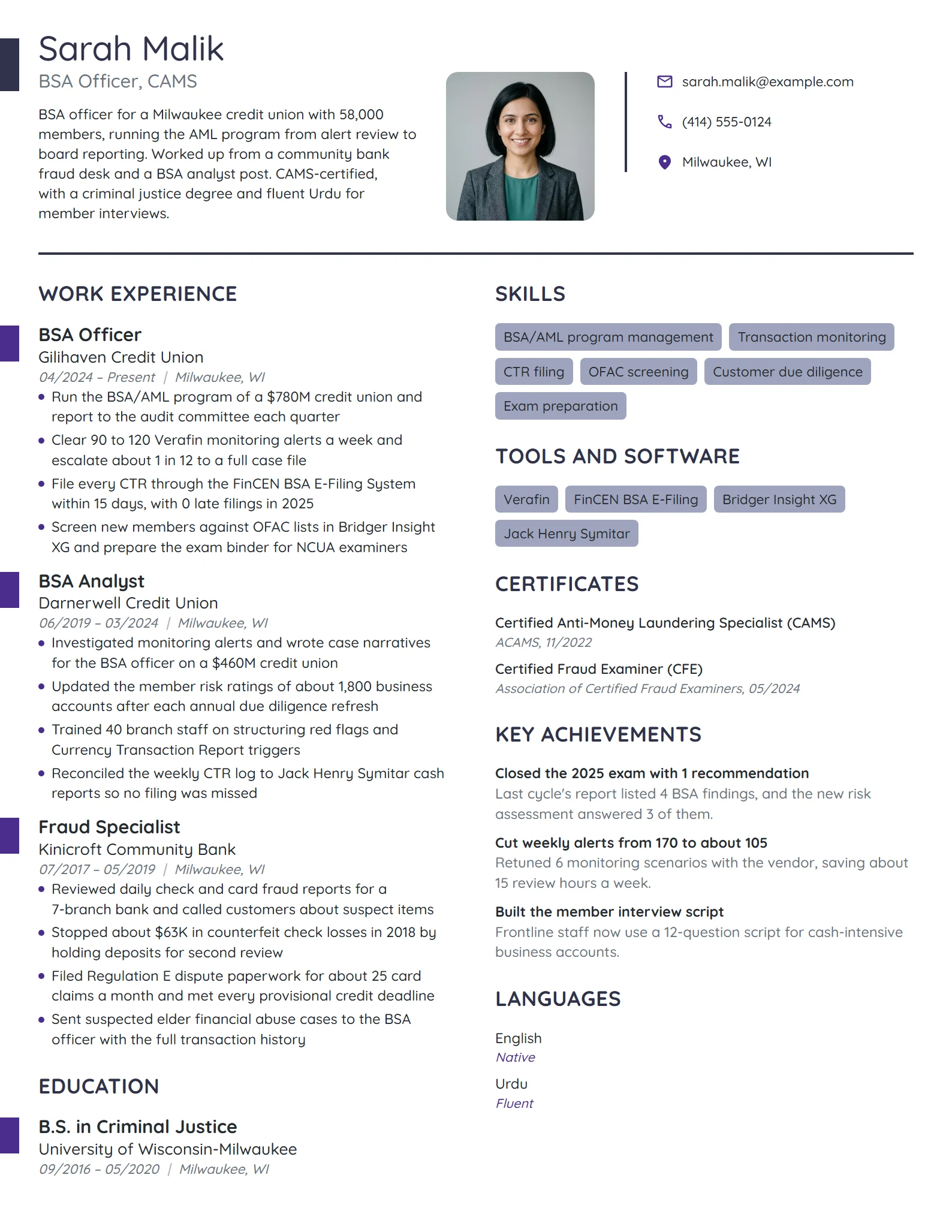 BSA Officer resume example
