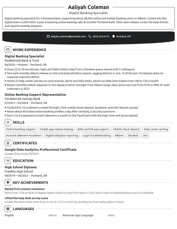 Digital Banking Specialist resume example