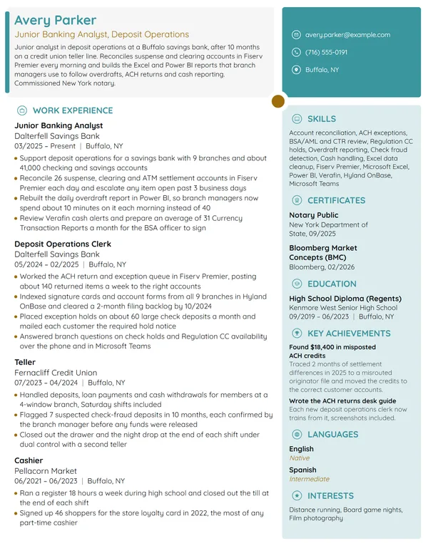 Junior Banking Analyst resume example