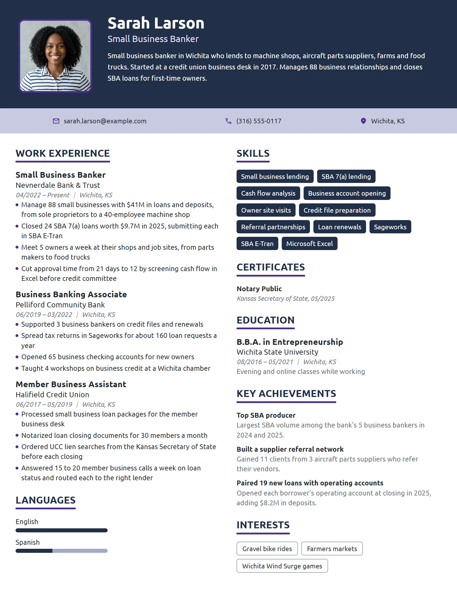 Small Business Banker resume example