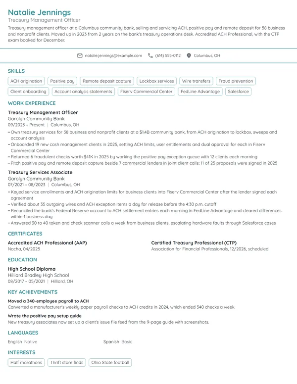 Treasury Management Officer resume example