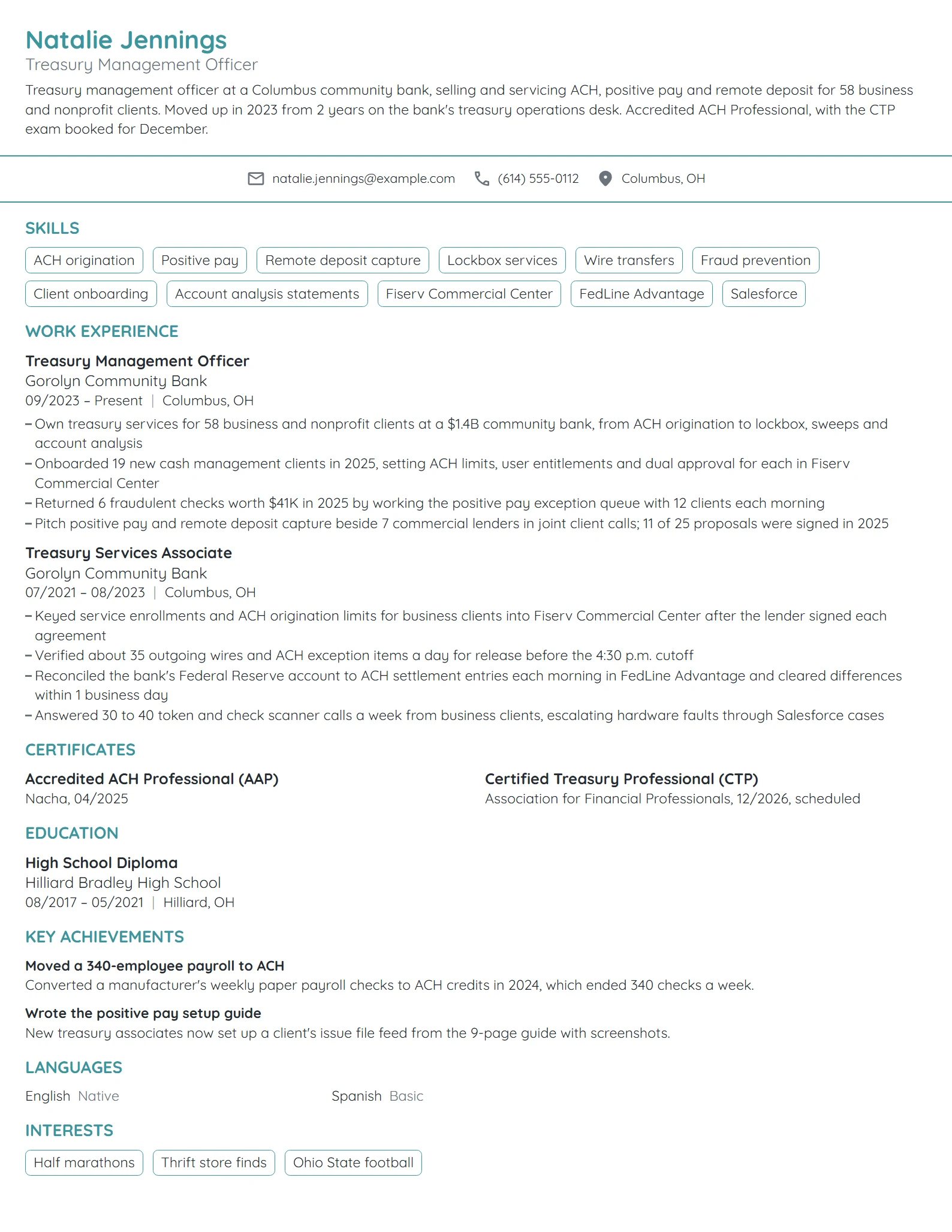 Treasury Management Officer resume example