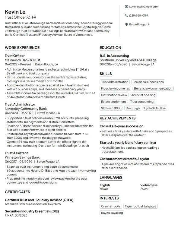 Trust Officer resume example