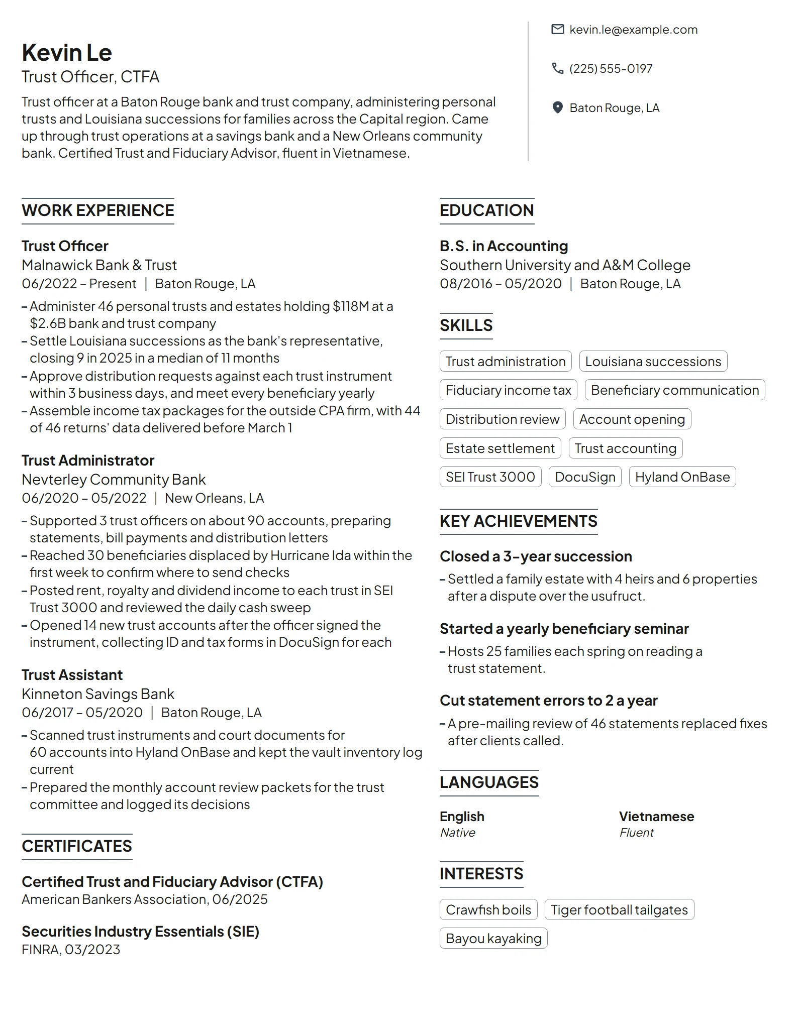 Trust Officer resume example
