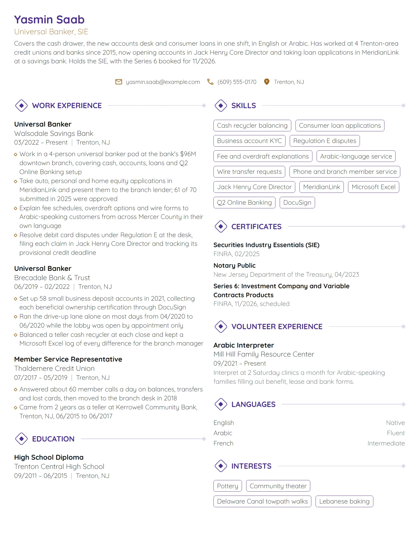 Universal Banker resume example
