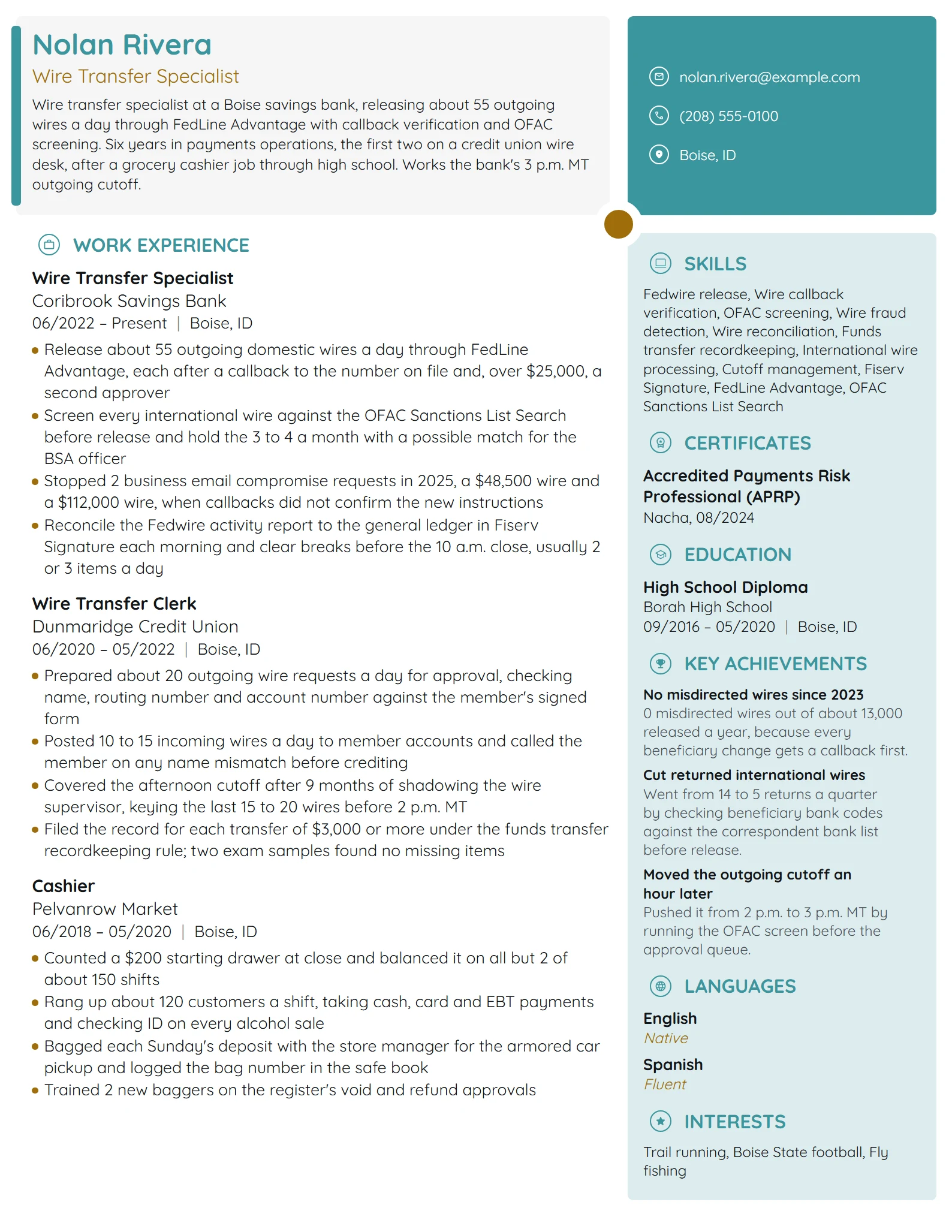 Wire Transfer Specialist resume example