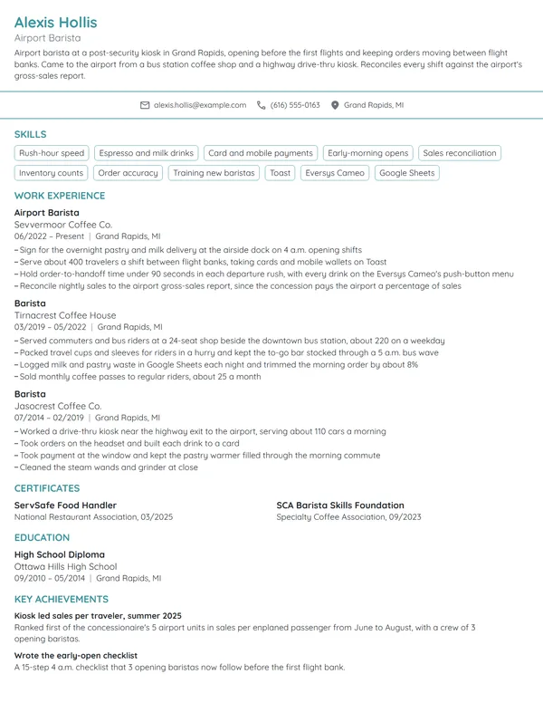 Airport Barista resume example