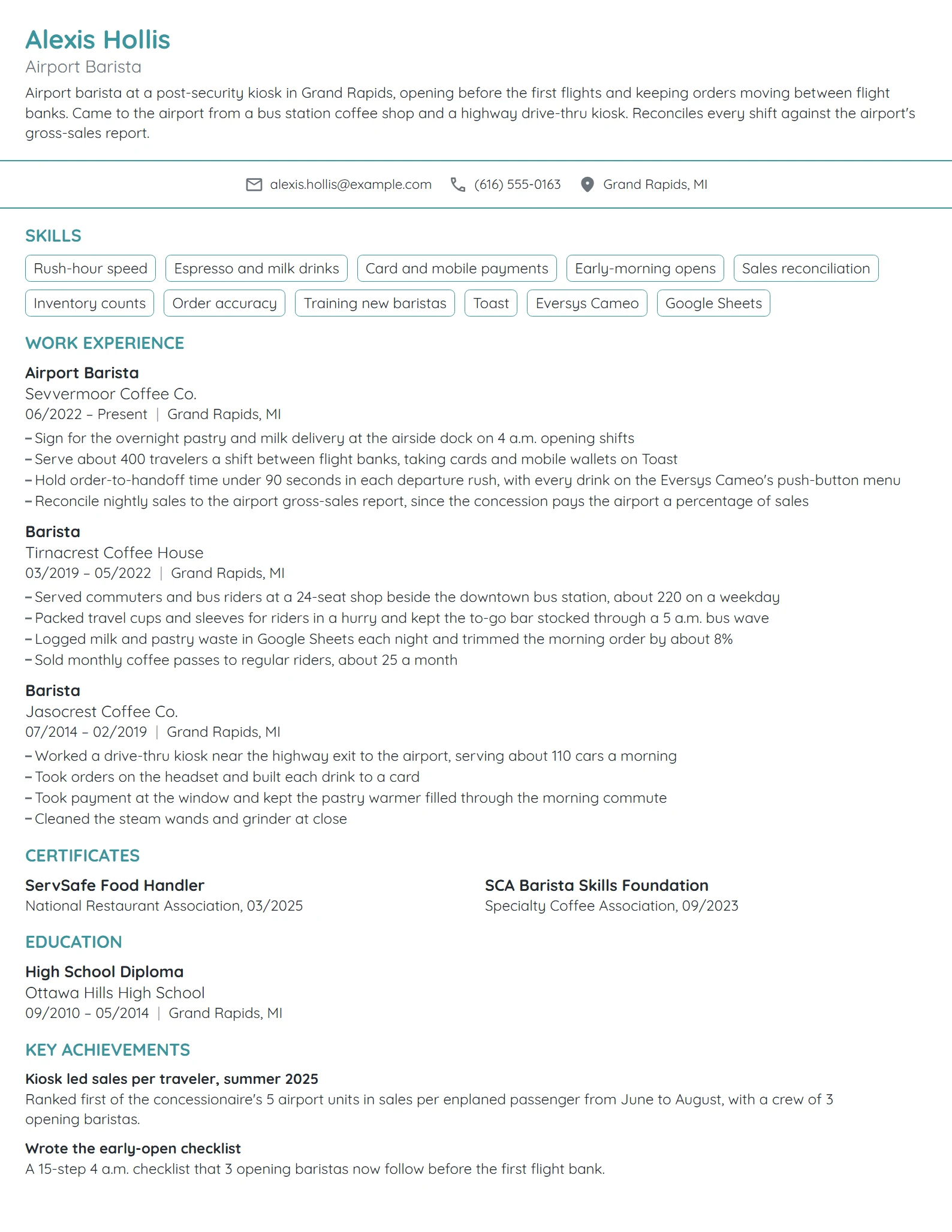 Airport Barista resume example