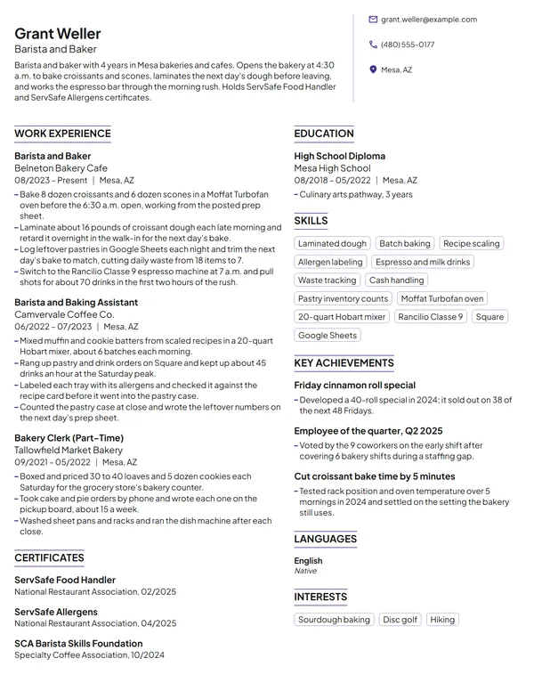 Barista and Baker resume example
