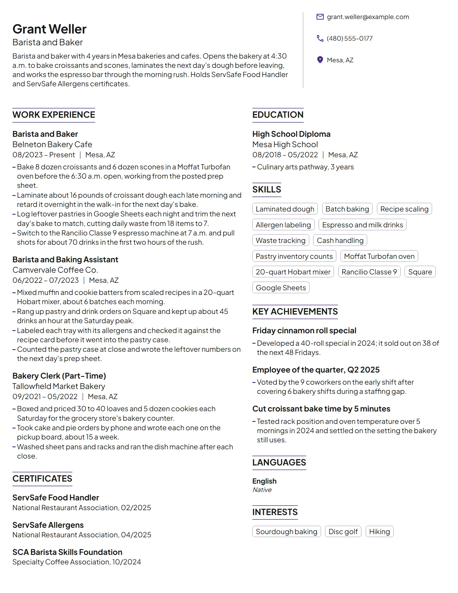 Barista and Baker resume example