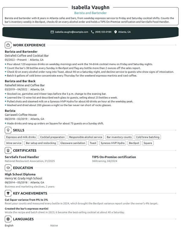 Barista and Bartender resume example