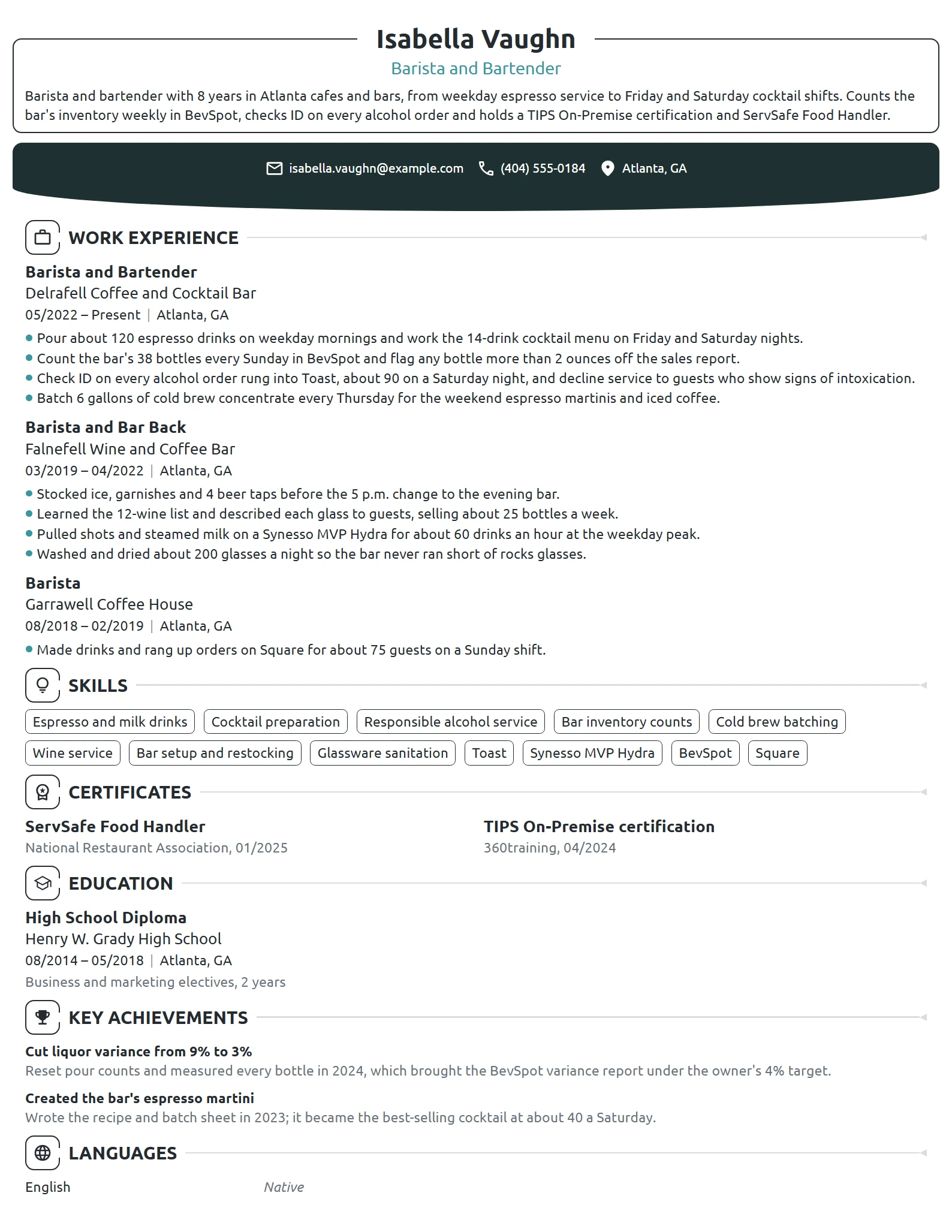 Barista and Bartender resume example