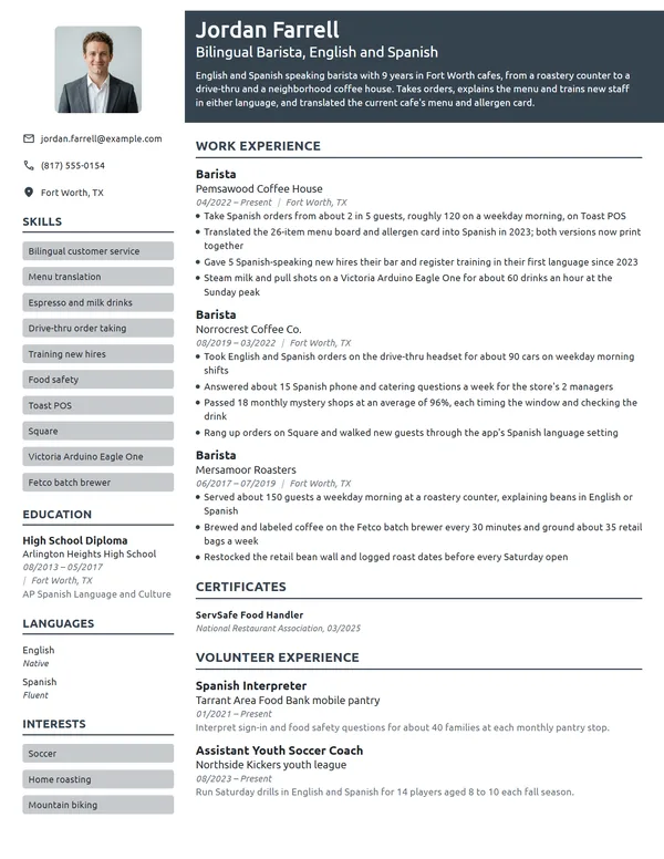 Bilingual Barista resume example