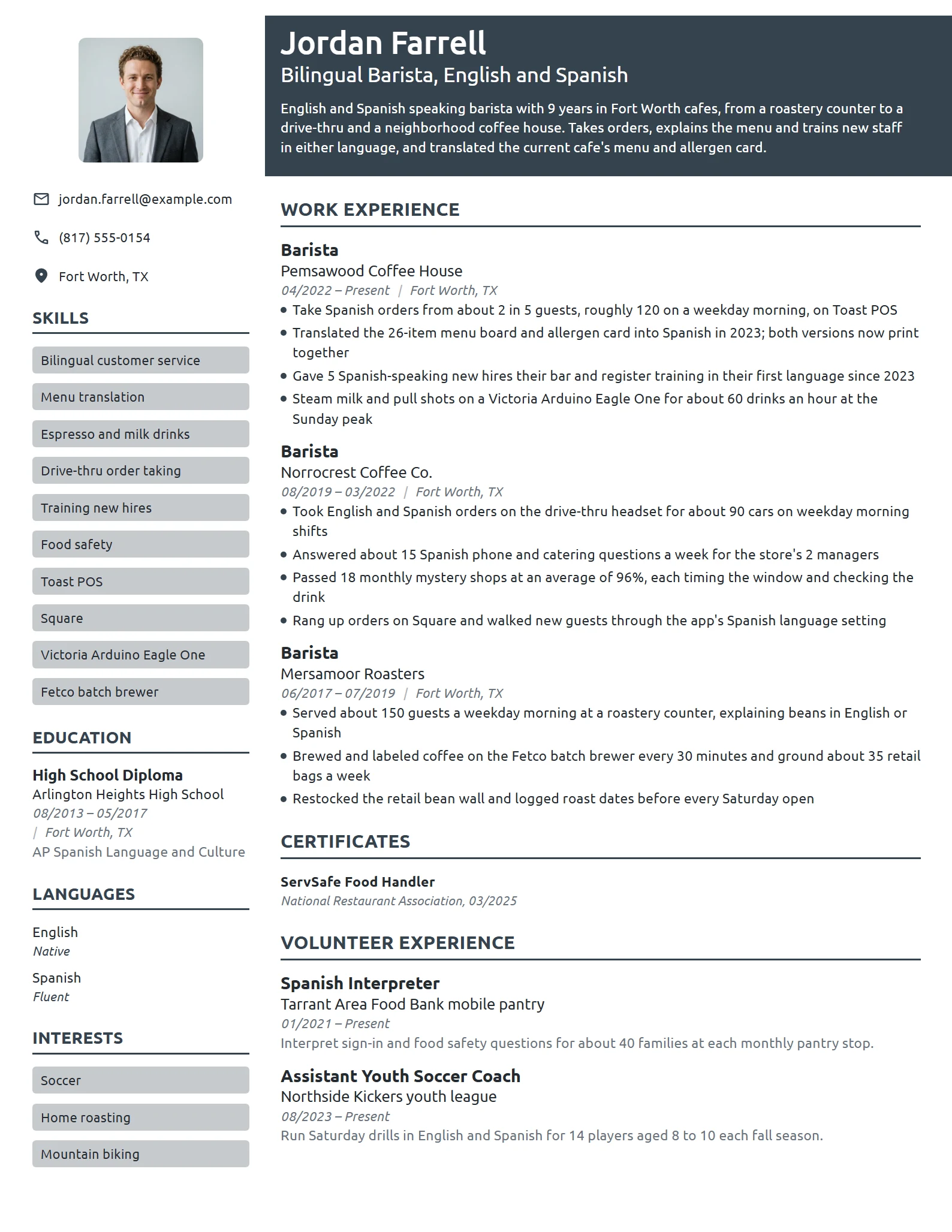 Bilingual Barista resume example