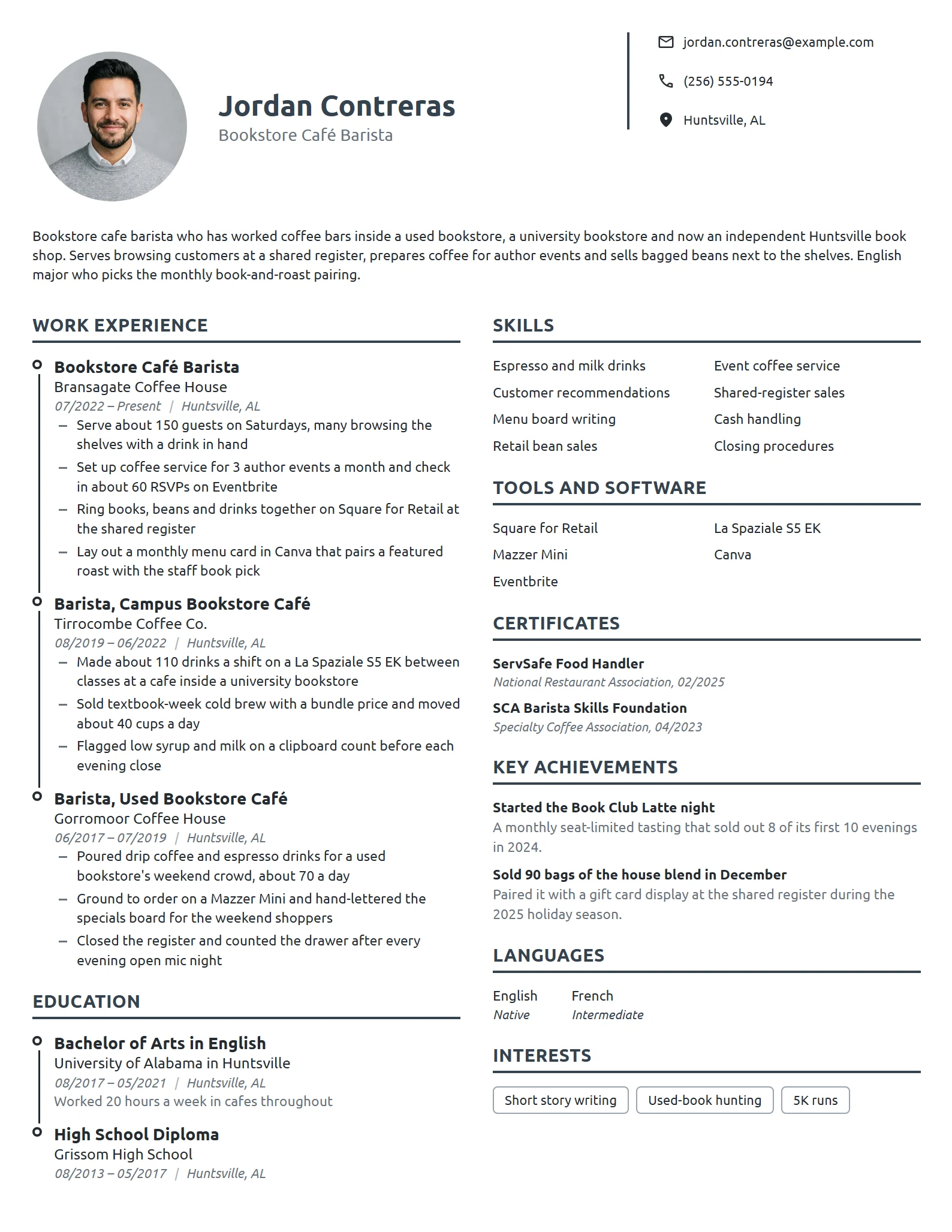 Bookstore Café Barista resume example