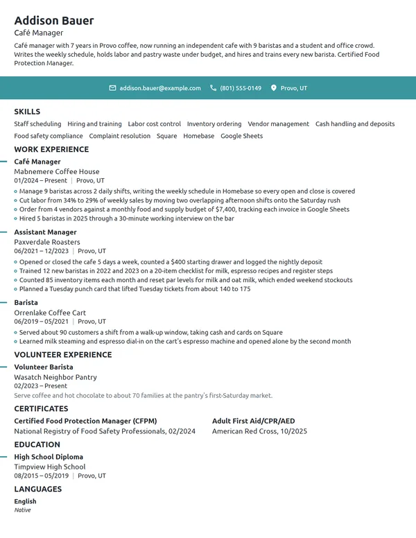 Café Manager resume example