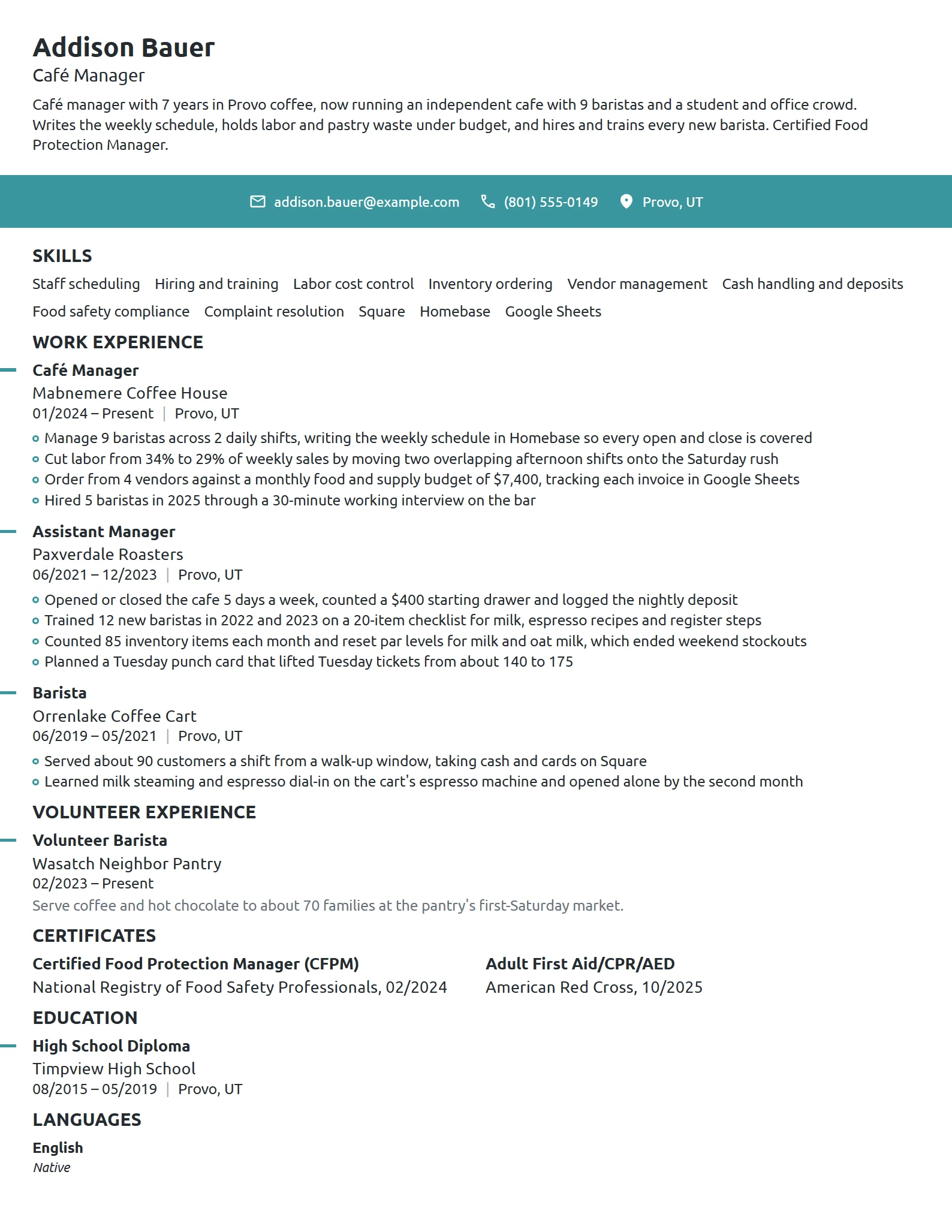 Café Manager resume example