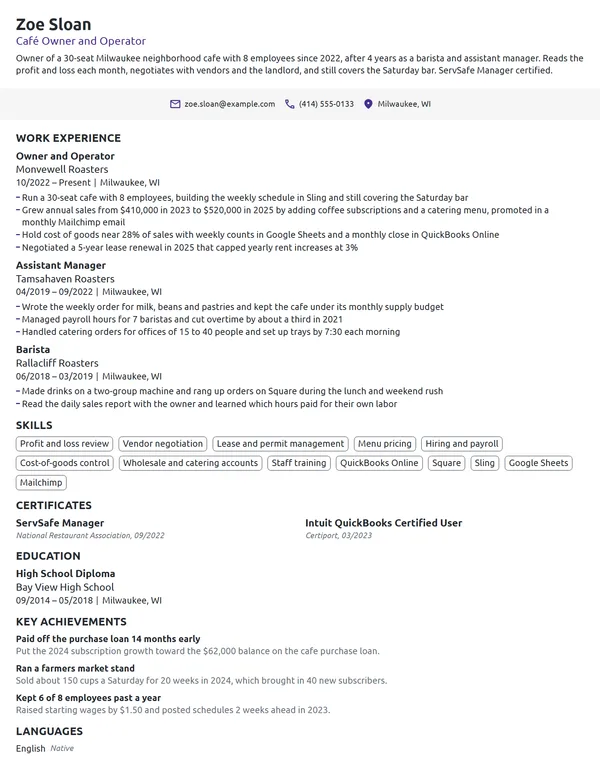 Café Owner resume example