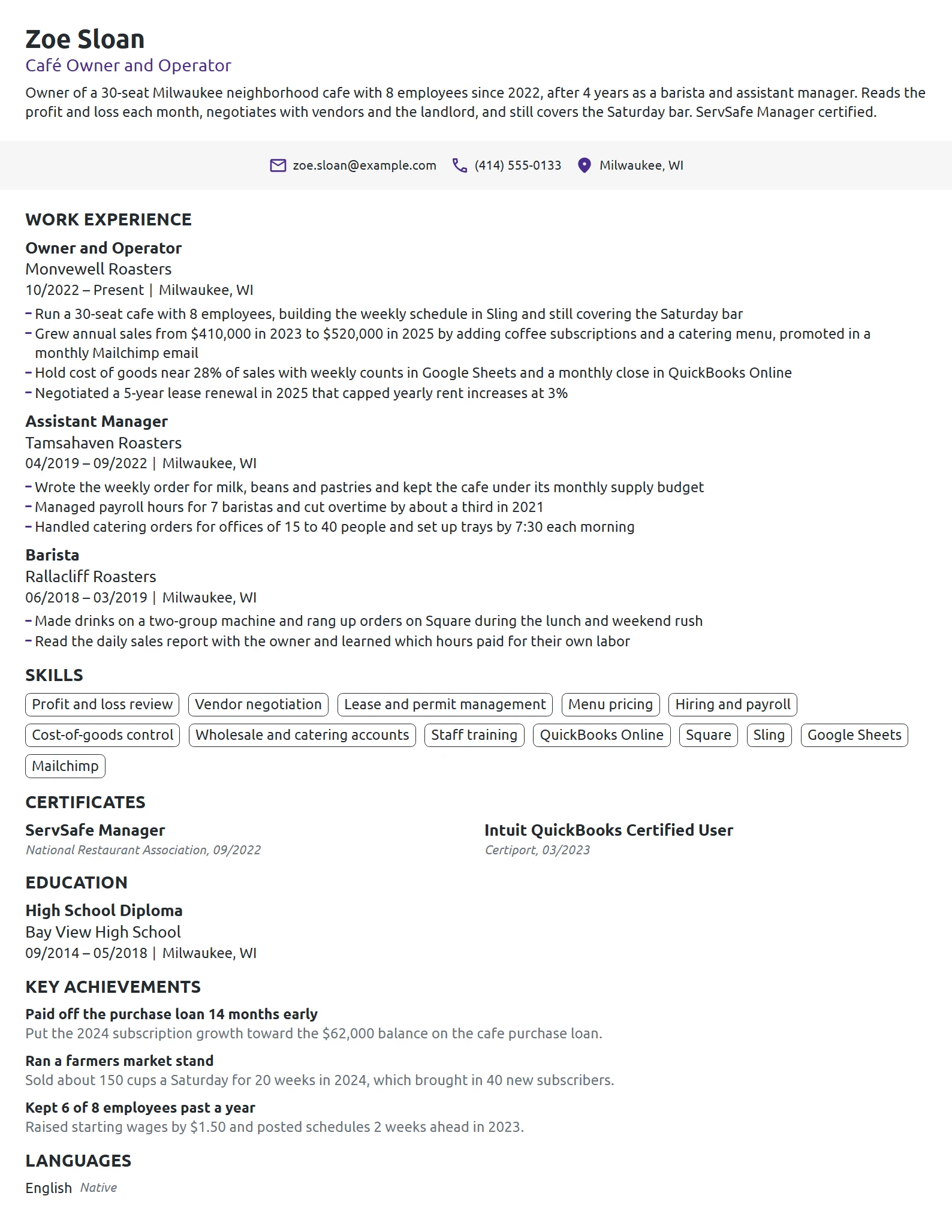 Café Owner resume example