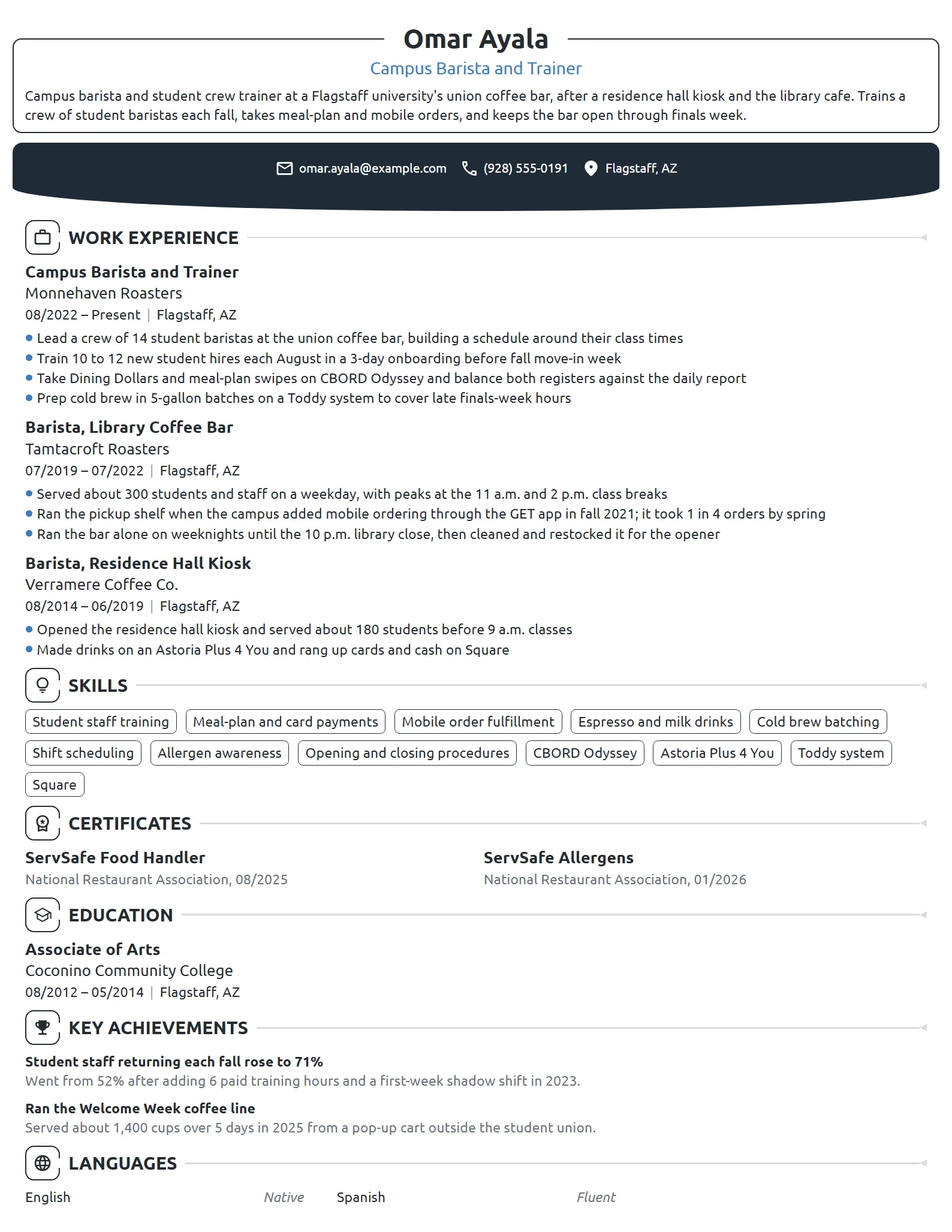 Campus Barista resume example