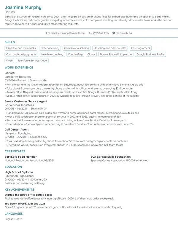 Career Change Barista resume example