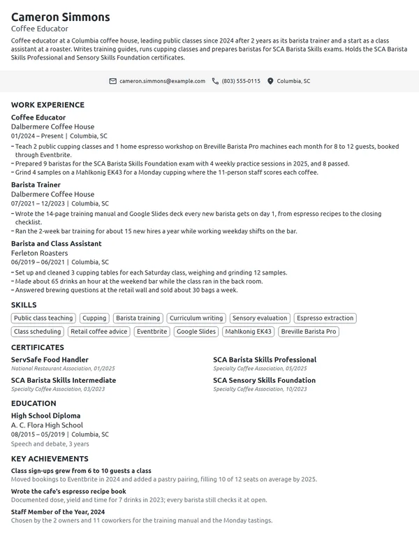Coffee Educator resume example