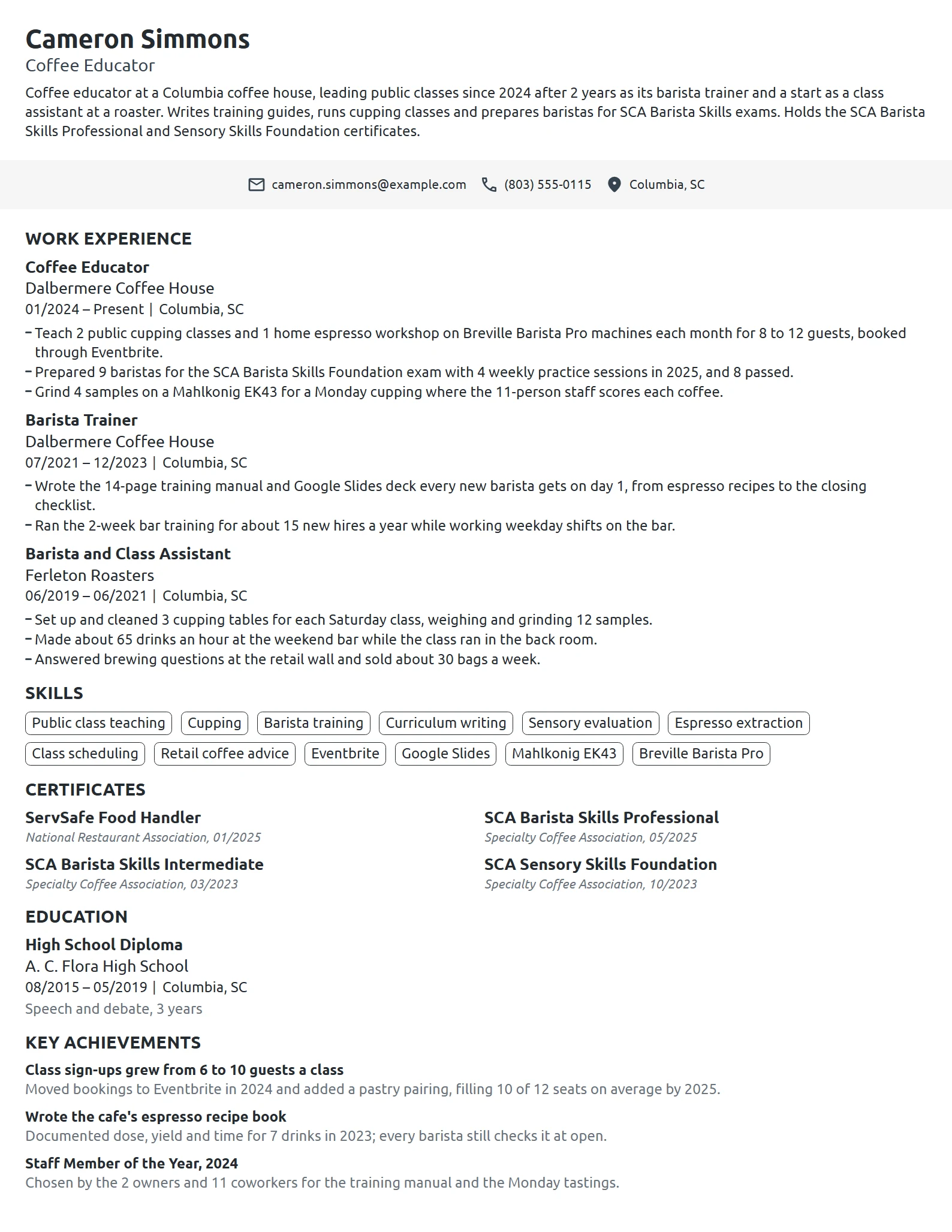 Coffee Educator resume example