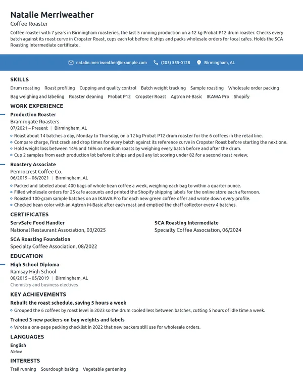 Coffee Roaster resume example