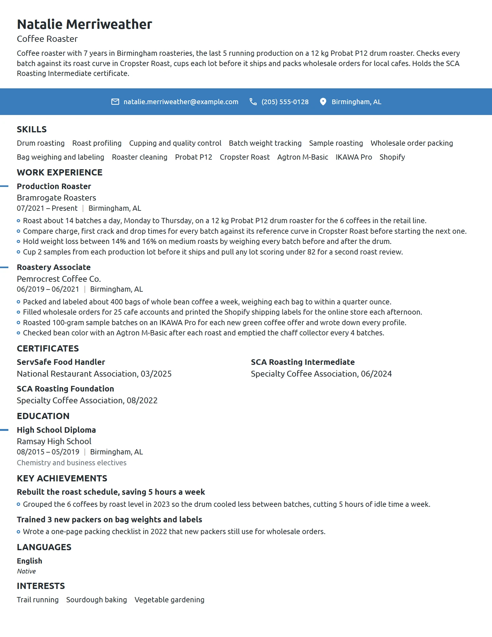 Coffee Roaster resume example