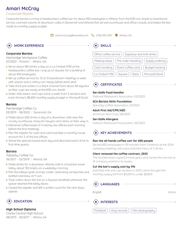 Corporate Barista resume example