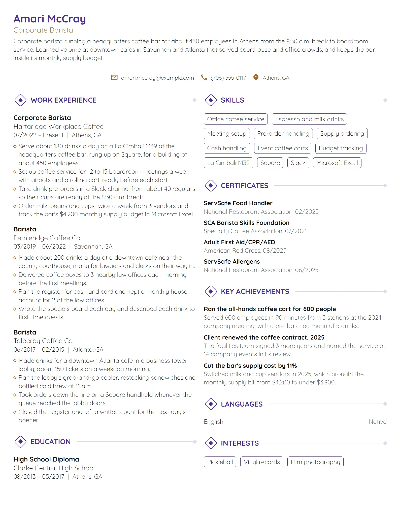 Corporate Barista resume example
