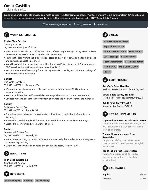 Cruise Ship Barista resume example