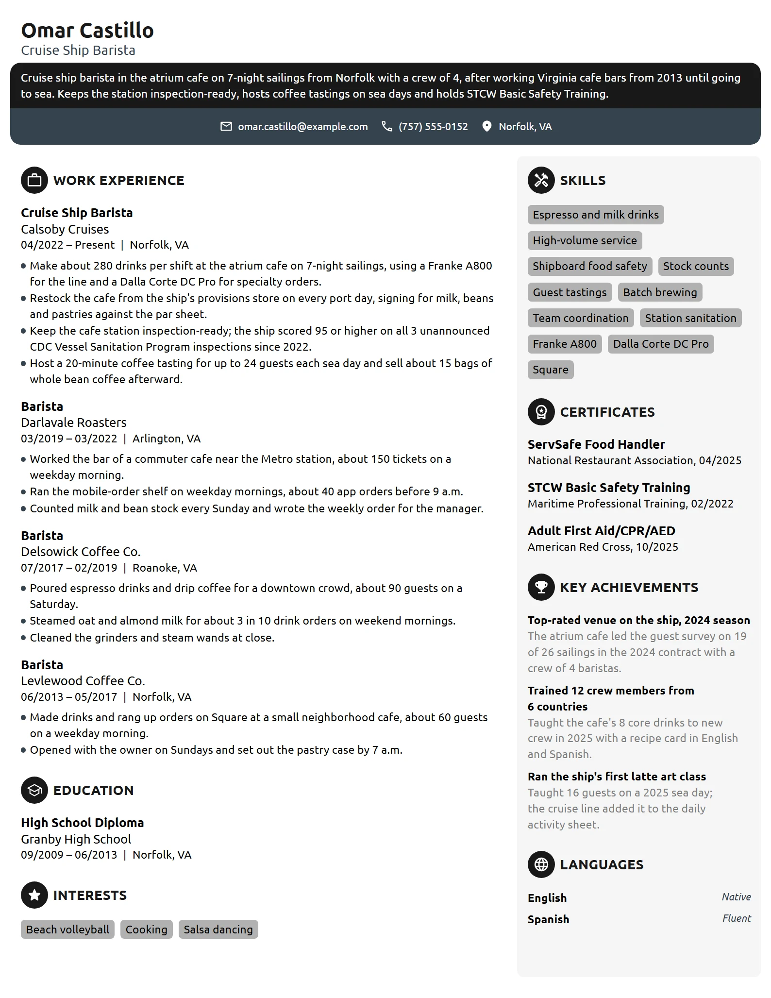 Cruise Ship Barista resume example