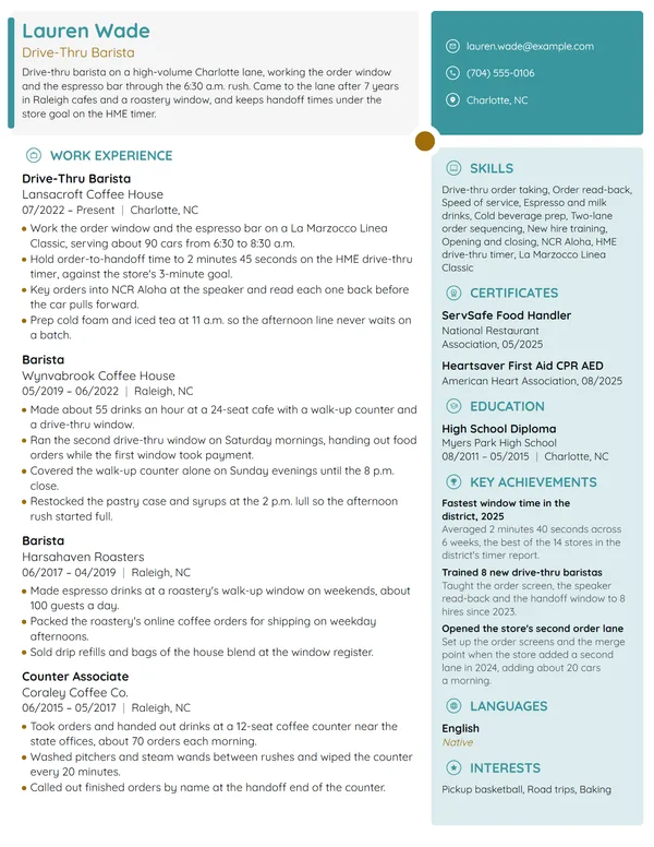 Drive-Thru Barista resume example