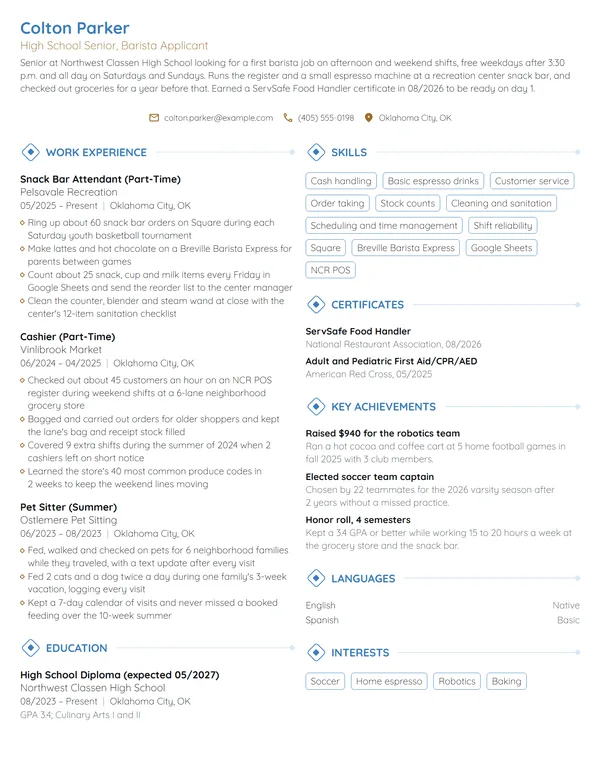 Entry-Level Barista resume example