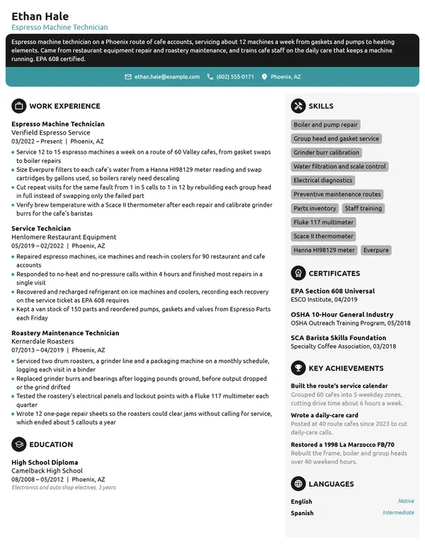 Espresso Machine Technician resume example