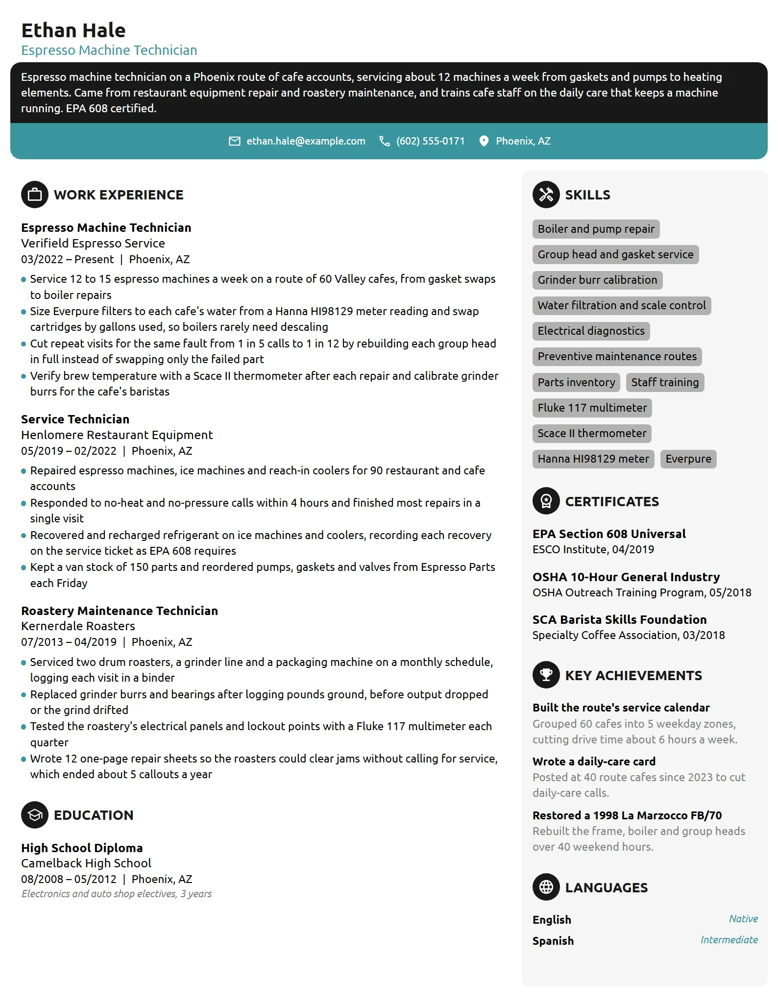 Espresso Machine Technician resume example