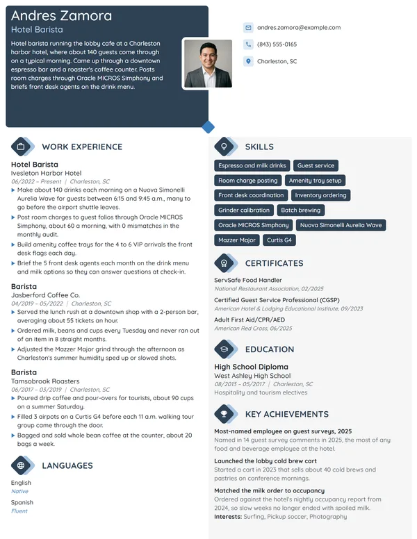 Hotel Barista resume example