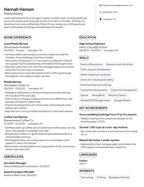Mobile Barista resume example