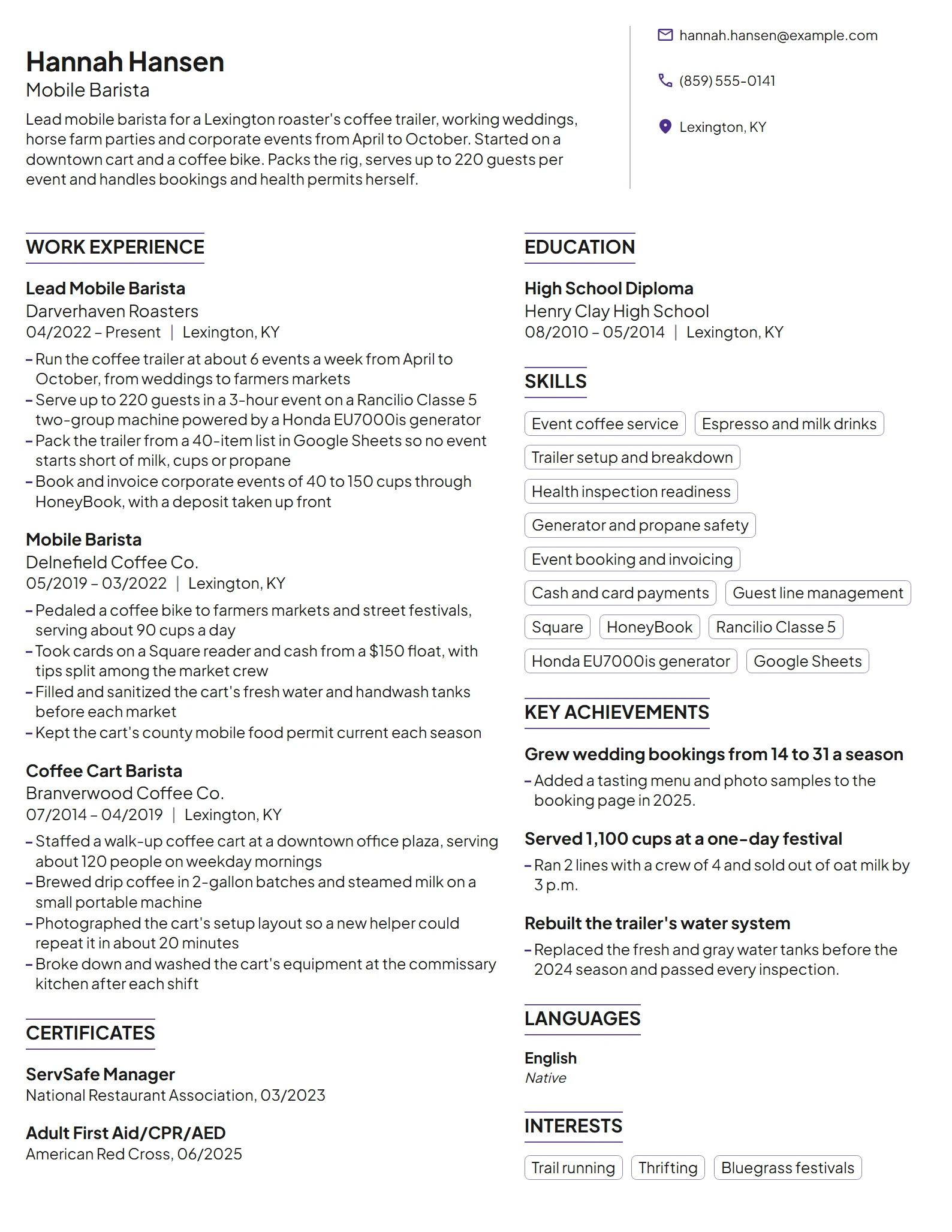 Mobile Barista resume example