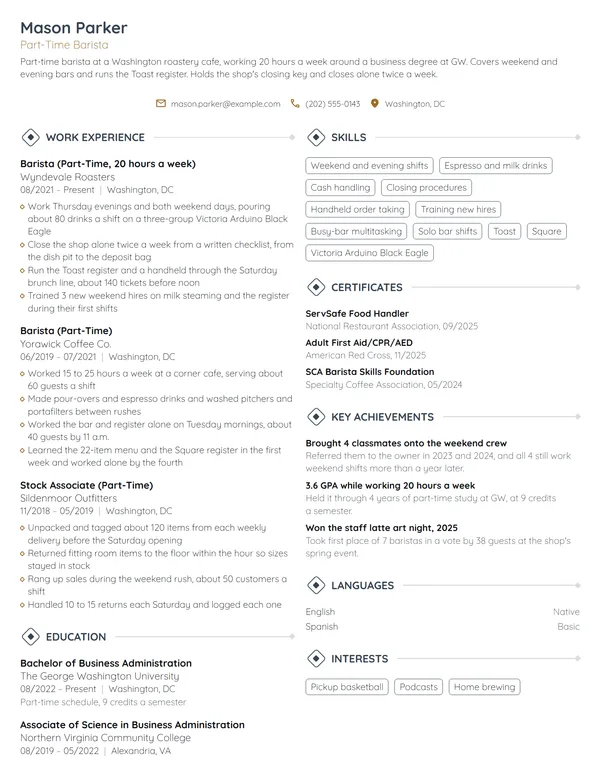 Part-Time Barista resume example